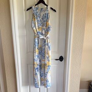 Floral Sleeveless Tie-Waist Maxi Dress - White with Blue & Yellow Floral